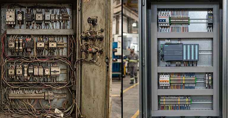 Capa do artigo Retrofitting de Painéis Elétricos: Modernização de quadros de comando antigos substituindo relés por Controladores Lógicos Programáveis (CLPs).